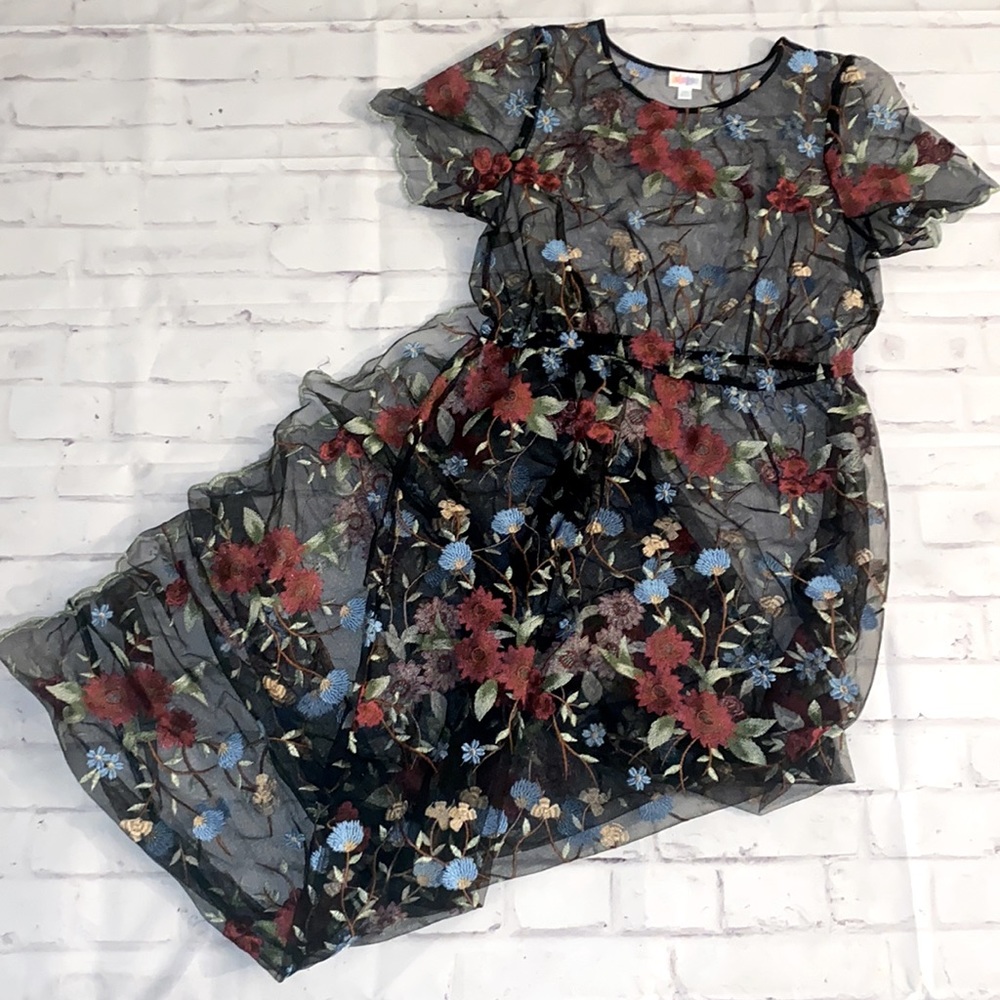 NWOT 3XL Sheer Floral Embroidered Black LuLaRoe Deanne Floor Length Layer Dress